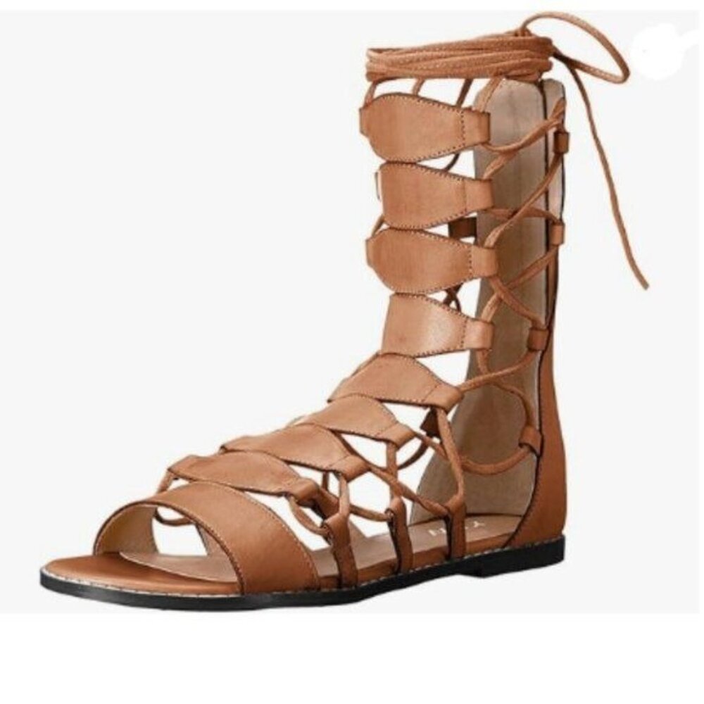 YDN Tan Ankle High Gladiator Sandals for Women Lace up Open toe Flats Zips Shoe